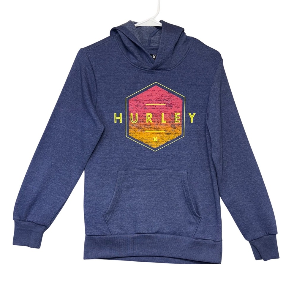 Hurley Youth L Blue Graphic Hexagon Logo Hoodie Pullover Sweatshirt Comfy
